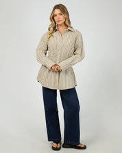ALL ABOUT EVE AAE RUCHED STRIPE SHIRT WOMENS FITTED BLOUSE NATURAL