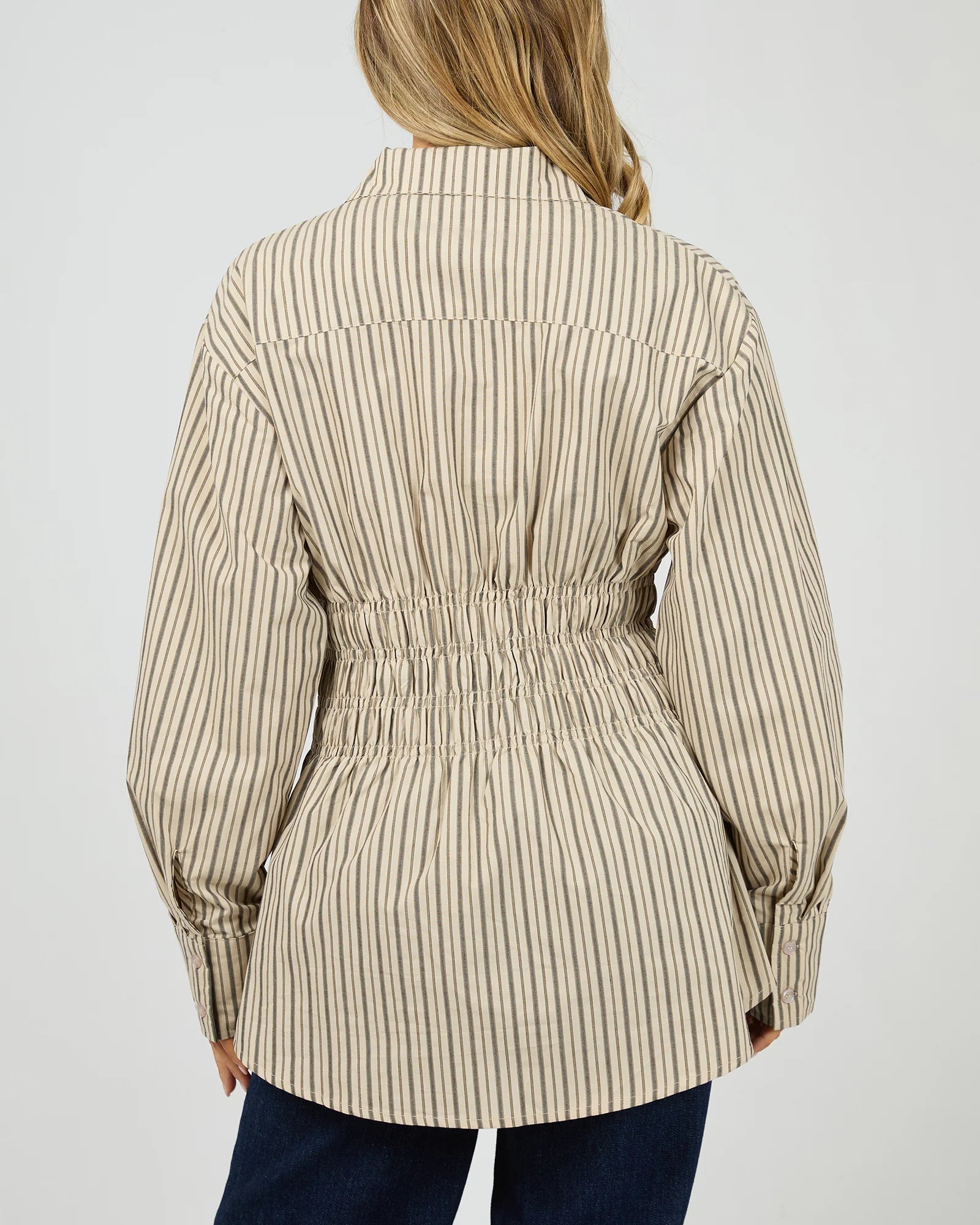 ALL ABOUT EVE AAE RUCHED STRIPE SHIRT WOMENS FITTED BLOUSE NATURAL