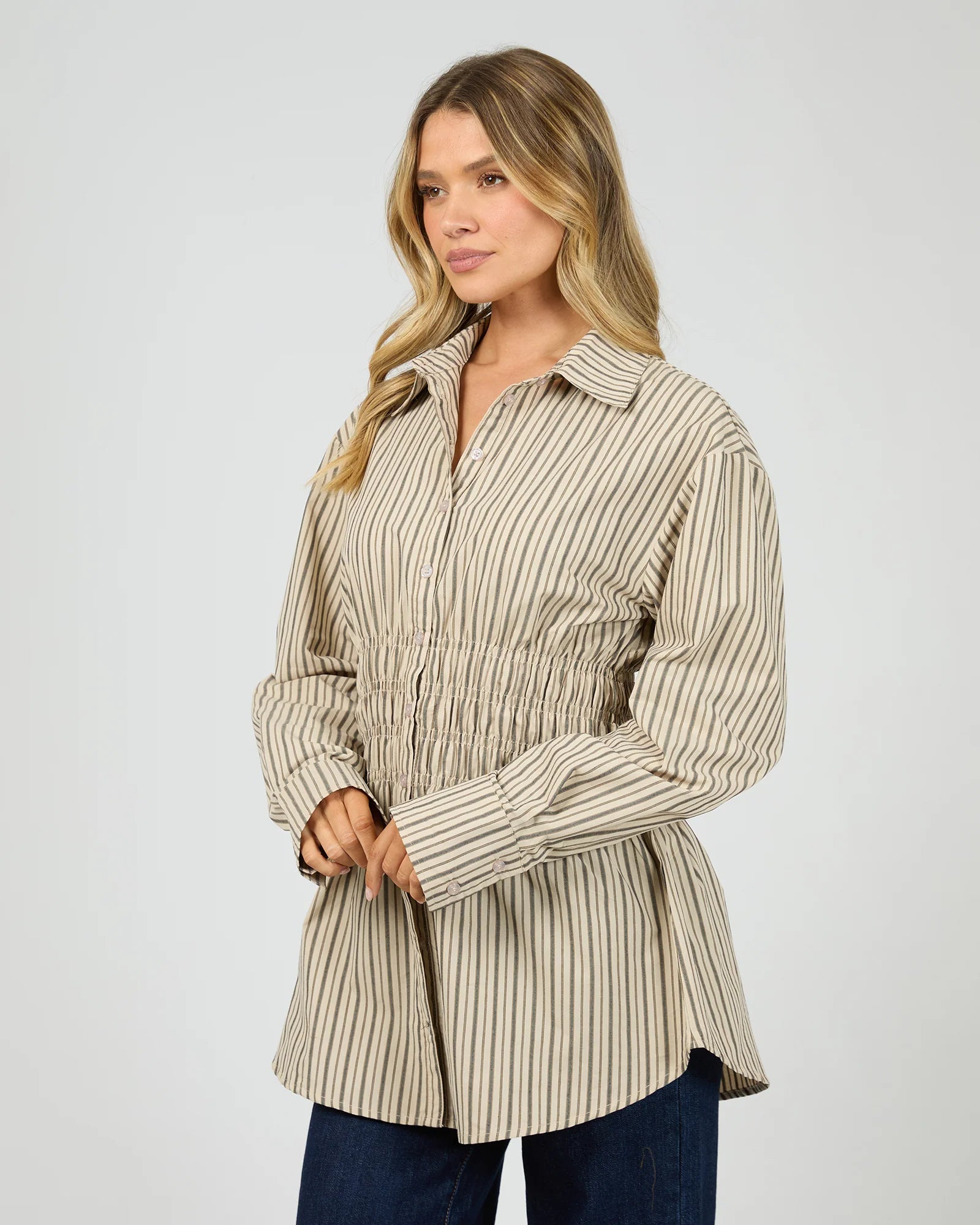 ALL ABOUT EVE AAE RUCHED STRIPE SHIRT WOMENS FITTED BLOUSE NATURAL