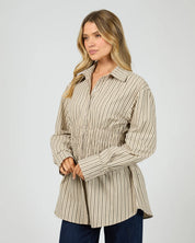ALL ABOUT EVE AAE RUCHED STRIPE SHIRT WOMENS FITTED BLOUSE NATURAL