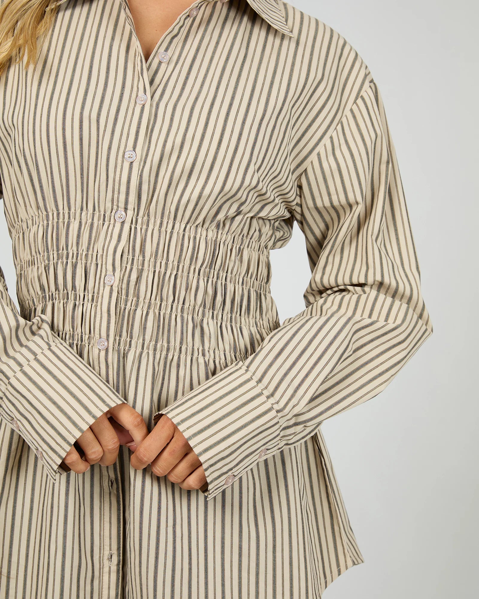 ALL ABOUT EVE AAE RUCHED STRIPE SHIRT WOMENS FITTED BLOUSE NATURAL