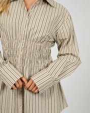ALL ABOUT EVE AAE RUCHED STRIPE SHIRT WOMENS FITTED BLOUSE NATURAL