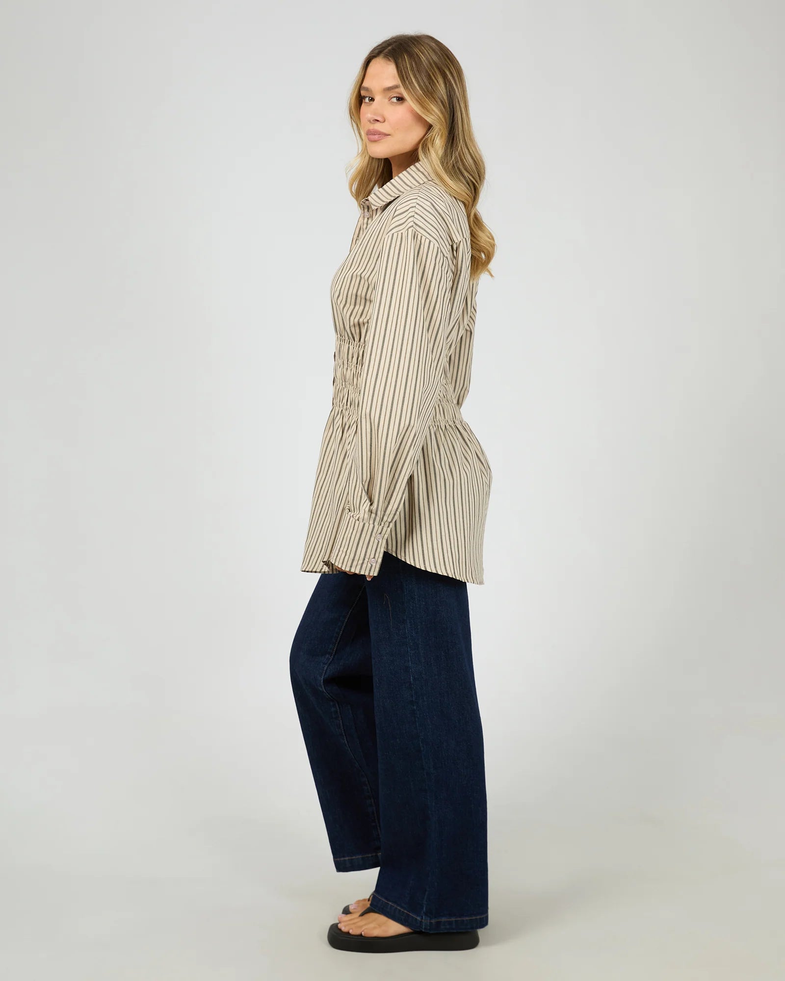 ALL ABOUT EVE AAE RUCHED STRIPE SHIRT WOMENS FITTED BLOUSE NATURAL