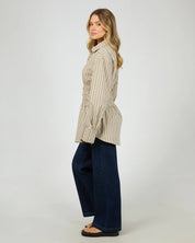ALL ABOUT EVE AAE RUCHED STRIPE SHIRT WOMENS FITTED BLOUSE NATURAL