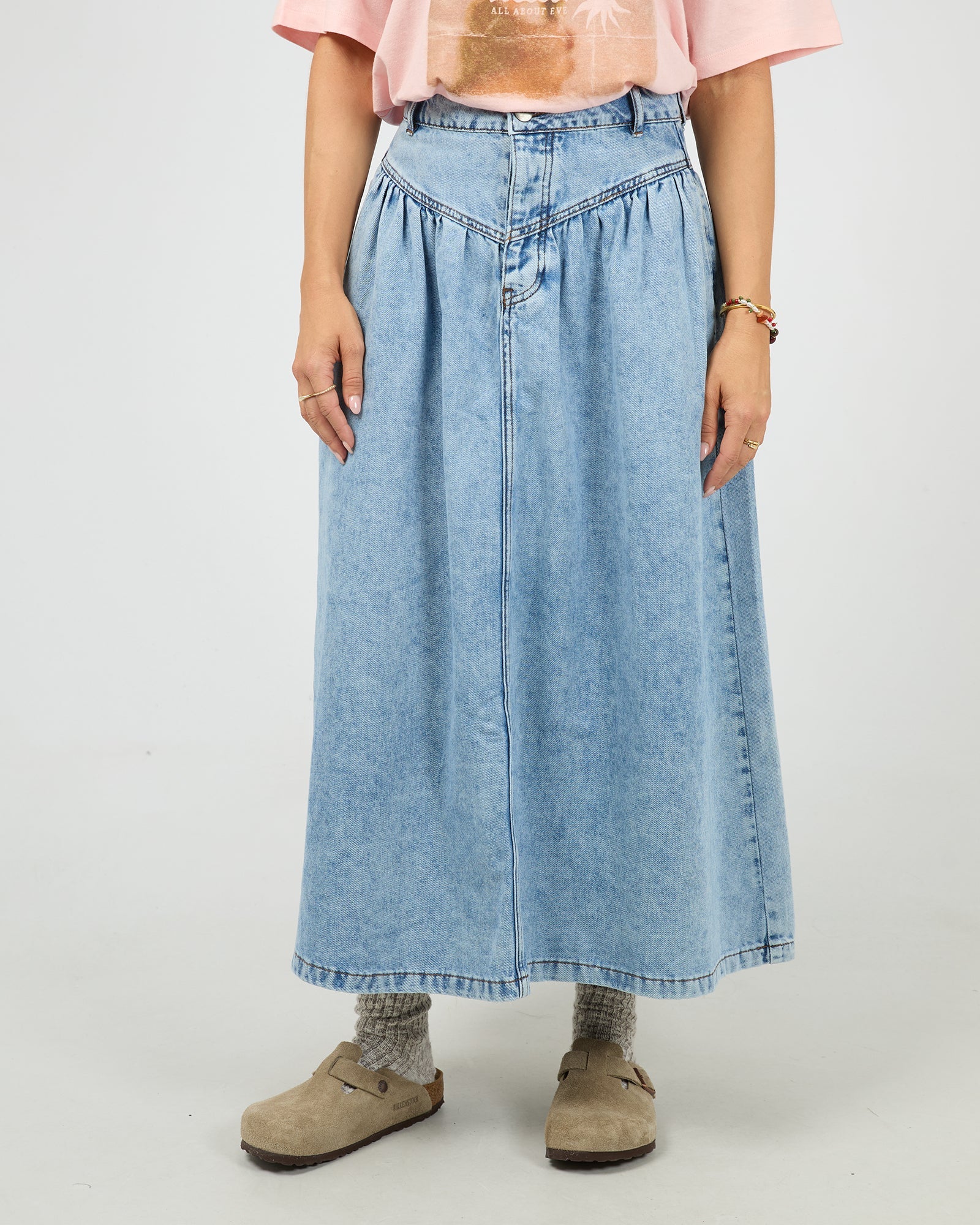 ALL ABOUT EVE ARLO MAXI SKIRT WOMENS DENIM SKIRT LIGHT BLUE
