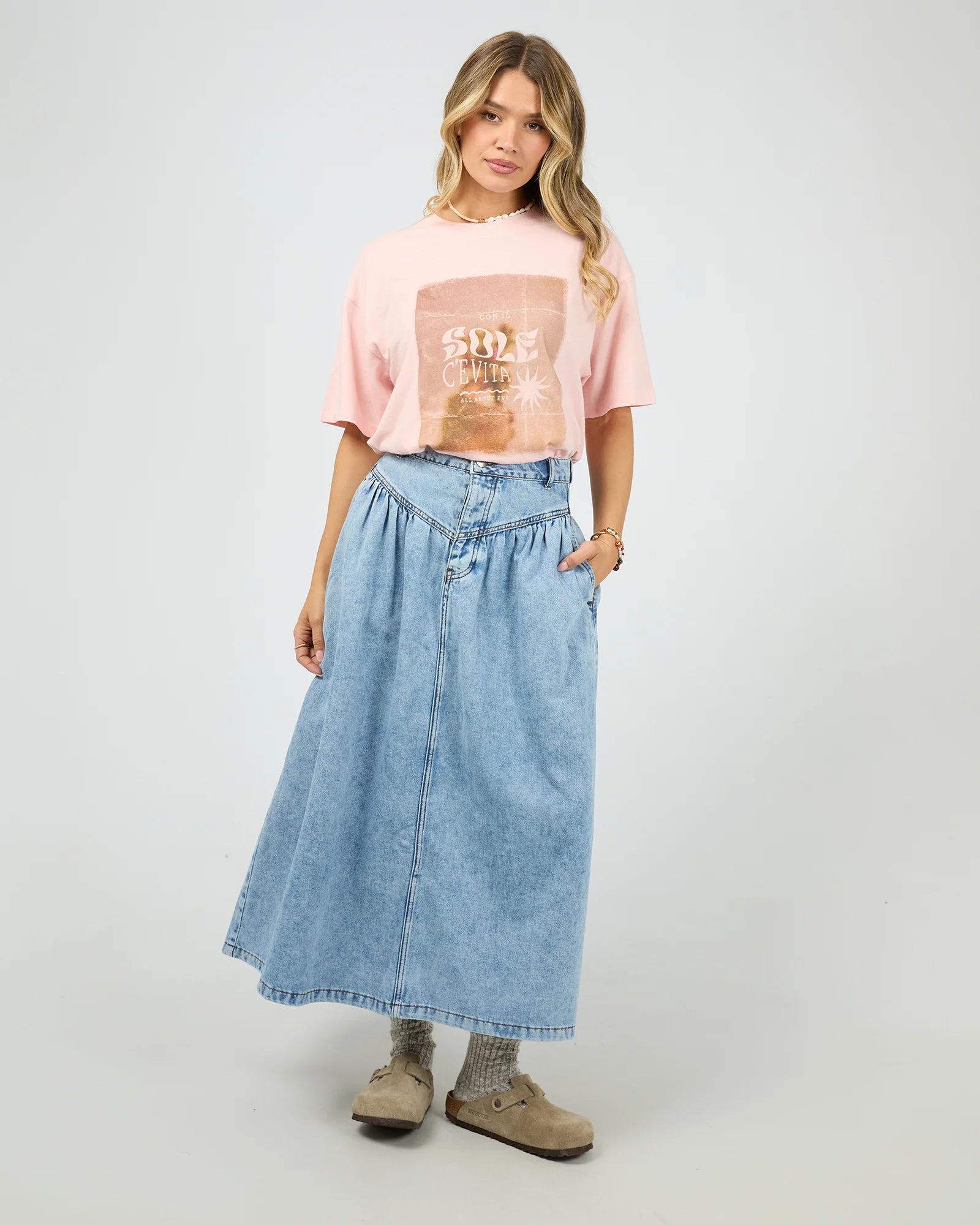 ALL ABOUT EVE ARLO MAXI SKIRT WOMENS DENIM SKIRT LIGHT BLUE