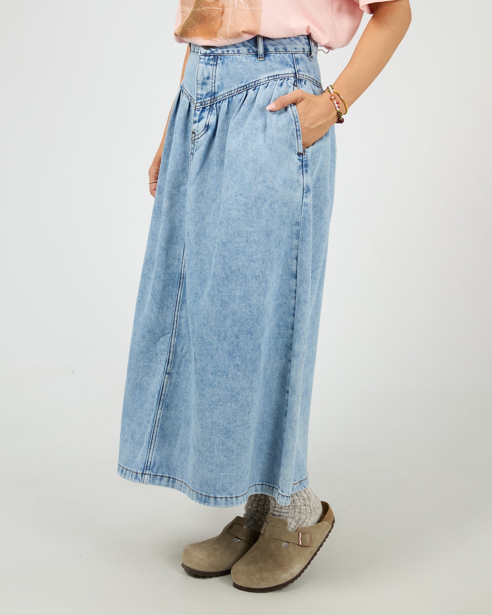 ALL ABOUT EVE ARLO MAXI SKIRT WOMENS DENIM SKIRT LIGHT BLUE