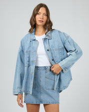 ALL ABOUT EVE DALE DENIM SHACKET WOMENS LONG DENIM SHIRT JACKET LIGHT BLUE