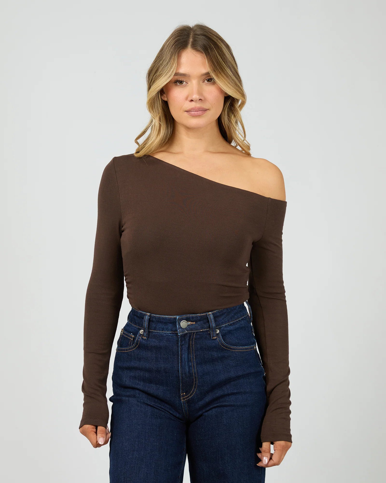ALL ABOUT EVE KYLIE OFF SHOULDER LONG SLEEVE TOP WOMENS FITTED BLOUSE BROWN