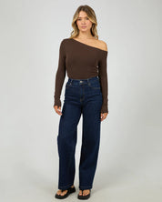 ALL ABOUT EVE KYLIE OFF SHOULDER LONG SLEEVE TOP WOMENS FITTED BLOUSE BROWN