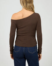 ALL ABOUT EVE KYLIE OFF SHOULDER LONG SLEEVE TOP WOMENS FITTED BLOUSE BROWN