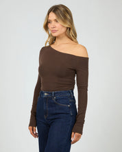 ALL ABOUT EVE KYLIE OFF SHOULDER LONG SLEEVE TOP WOMENS FITTED BLOUSE BROWN