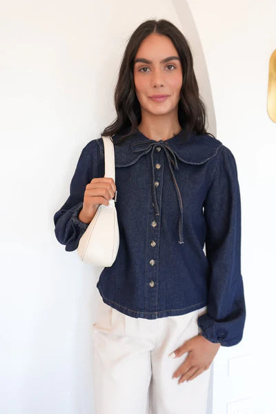 ALL ABOUT EVE LOU DENIM TOP WOMENS BUTTON UP SHIRT INDIGO