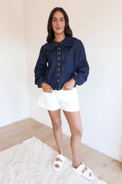 ALL ABOUT EVE LOU DENIM TOP WOMENS BUTTON UP SHIRT INDIGO