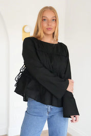 ALL ABOUT EVE LOU LOU TIE LONG SLEEVE TOP WOMENS FITTED BLOUSE BLACK