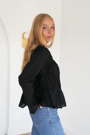 ALL ABOUT EVE LOU LOU TIE LONG SLEEVE TOP WOMENS FITTED BLOUSE BLACK