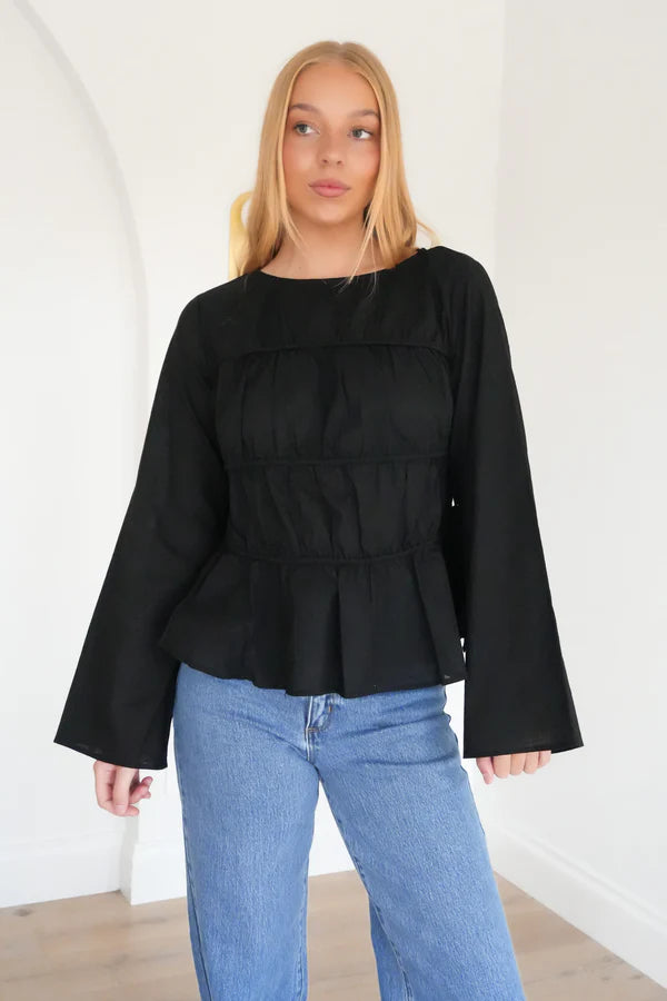 ALL ABOUT EVE LOU LOU TIE LONG SLEEVE TOP WOMENS FITTED BLOUSE BLACK