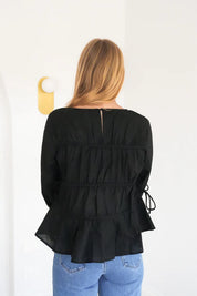 ALL ABOUT EVE LOU LOU TIE LONG SLEEVE TOP WOMENS FITTED BLOUSE BLACK