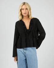 ALL ABOUT EVE NYXIE RUFFLE TOP WOMENS LONG SLEEVE BLOUSE BLACK