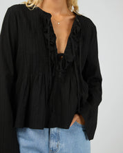 ALL ABOUT EVE NYXIE RUFFLE TOP WOMENS LONG SLEEVE BLOUSE BLACK