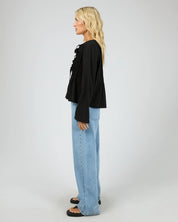 ALL ABOUT EVE NYXIE RUFFLE TOP WOMENS LONG SLEEVE BLOUSE BLACK