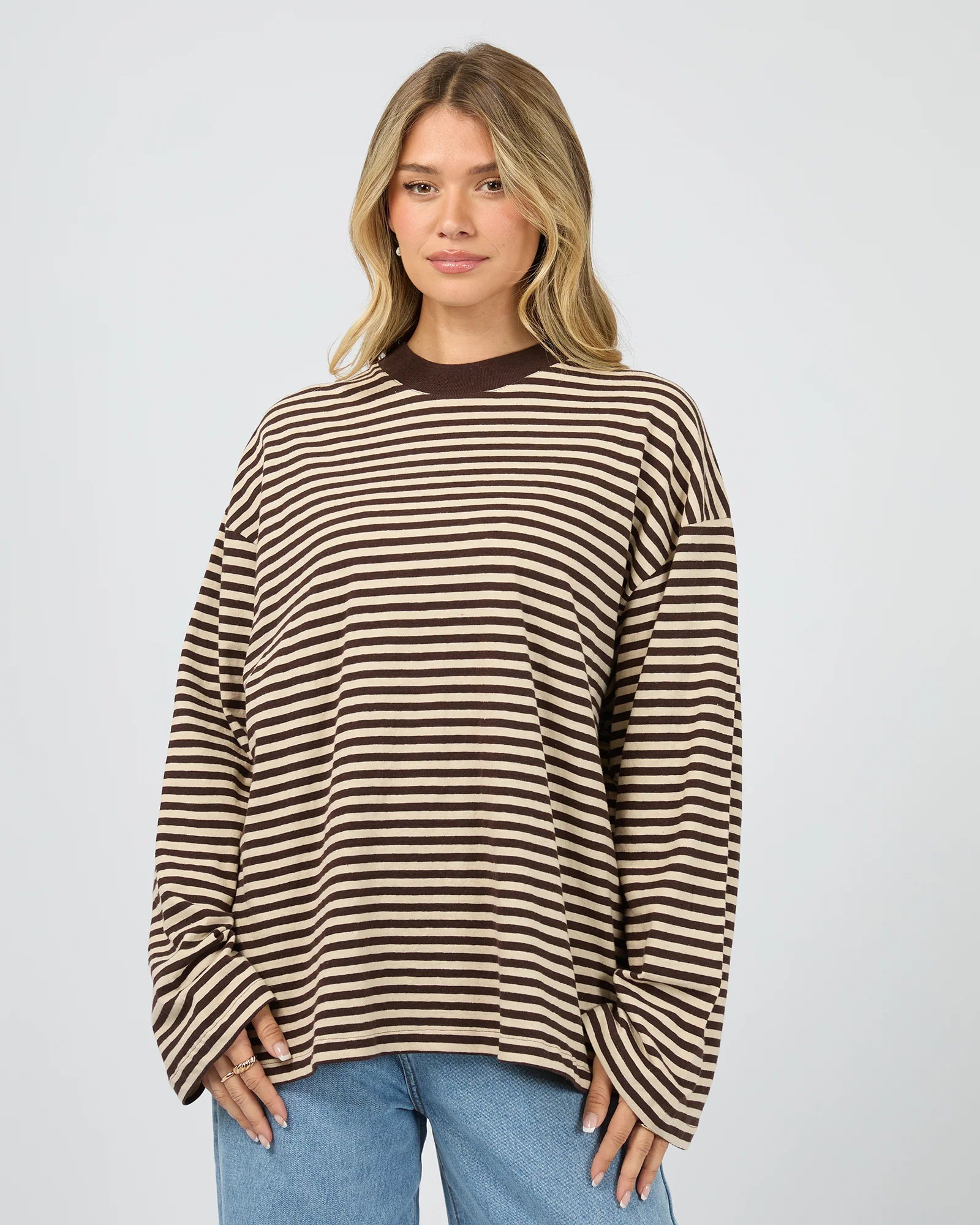 ALL ABOUT EVE PALOMA LONG SLEEVE STRIPE TEE – BROWN