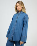 ALL ABOUT EVE PERCY DENIM SHIRT WOMENS BUTTON UP DENIM TOP HERITAGE BLUE