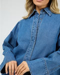 ALL ABOUT EVE PERCY DENIM SHIRT WOMENS BUTTON UP DENIM TOP HERITAGE BLUE