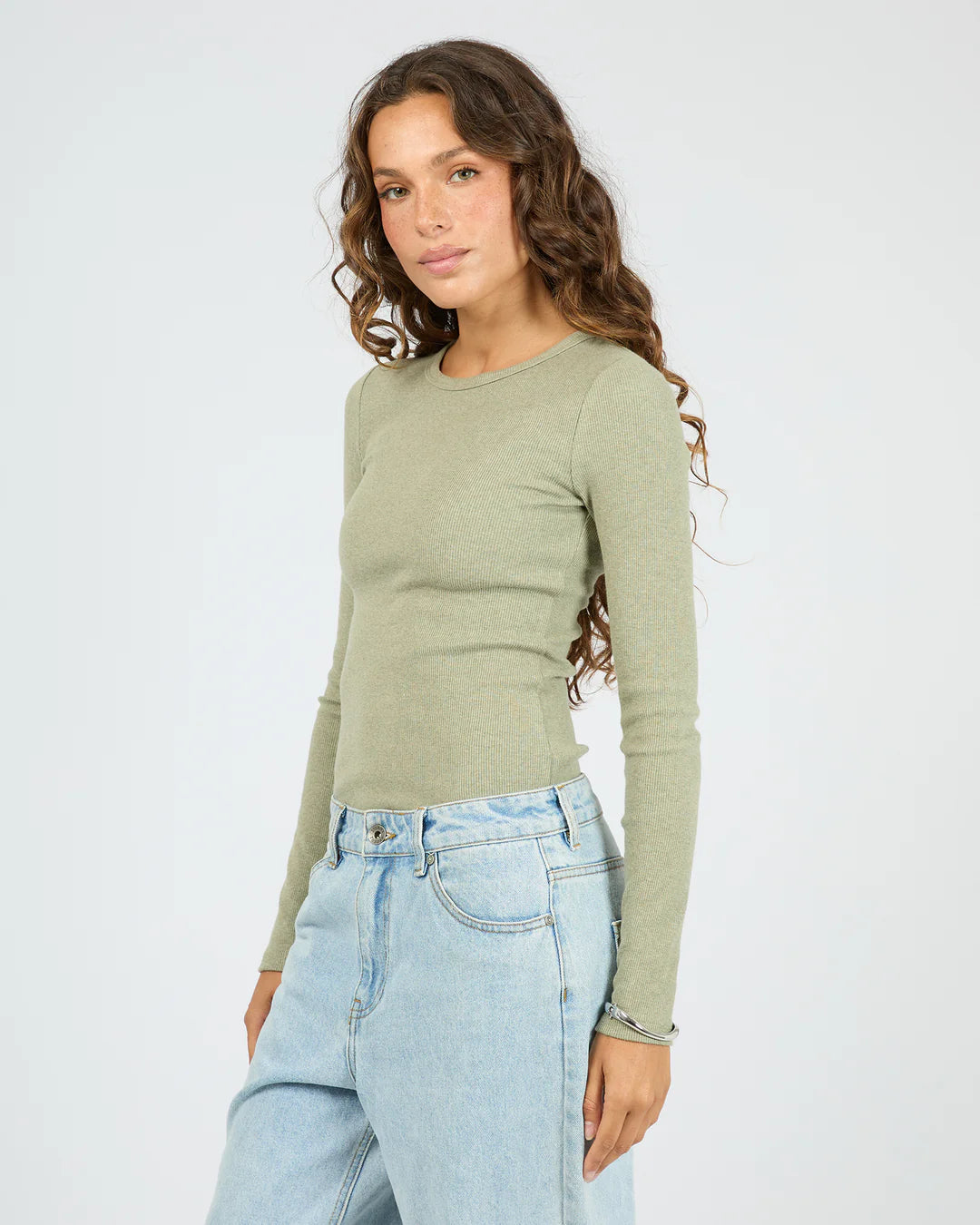 SILENT THEORY RIB LONG SLEEVE TEE WOMENS BASIC TOP FERN