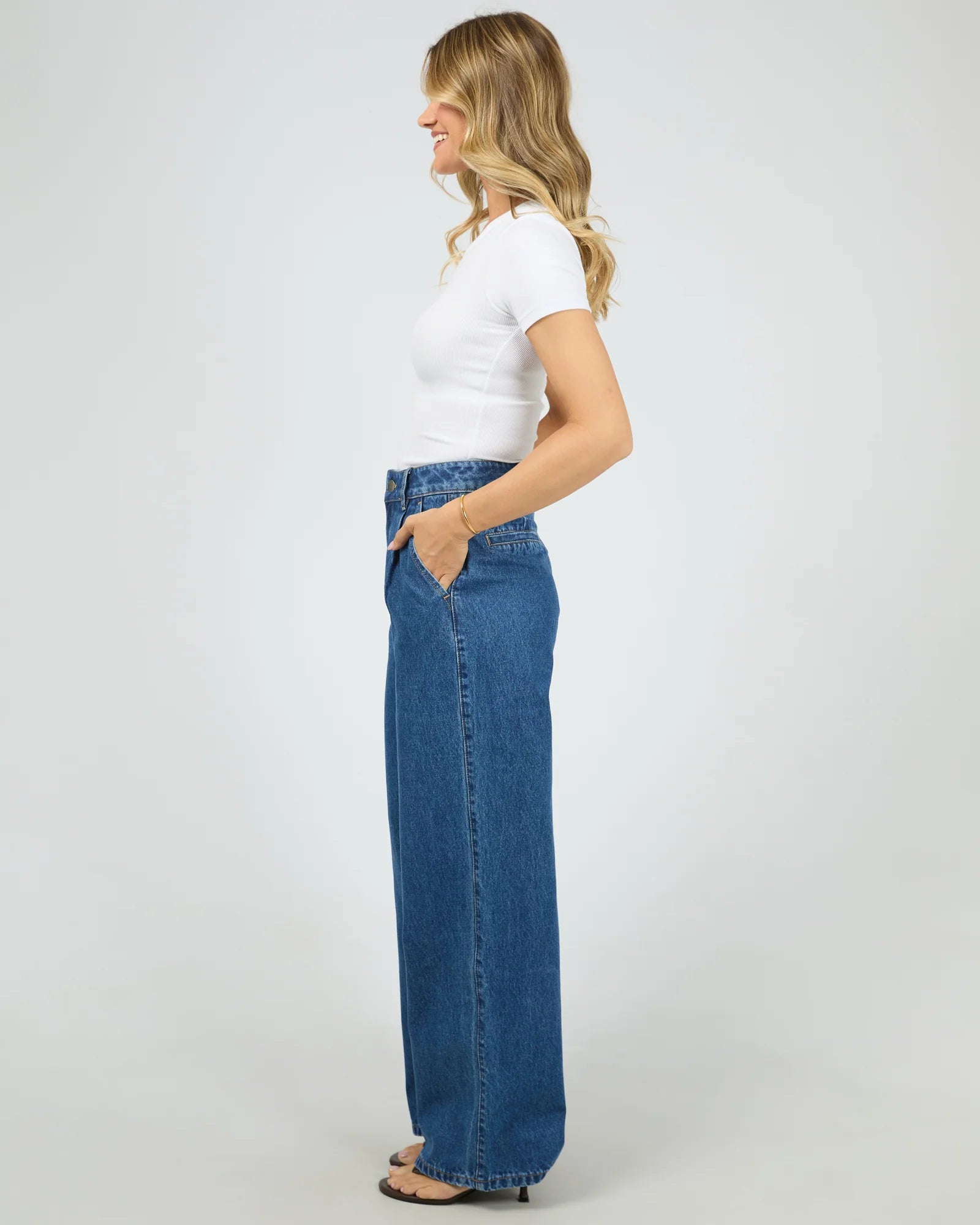 ALL ABOUT EVE STEVIE DENIM JEAN WOMENS HIGH WAIST WIDE LEG JEANS HERITAGE BLUE