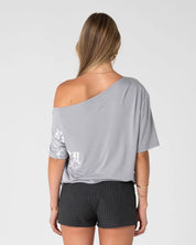 RUSTY SALLY SLOUCH OFF SHOULDER GRAPHIC TEE WOMENS GREY WHITE