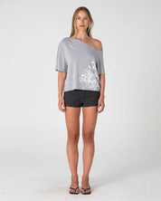RUSTY SALLY SLOUCH OFF SHOULDER GRAPHIC TEE WOMENS GREY WHITE