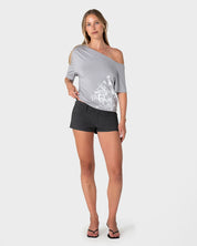 RUSTY SALLY SLOUCH OFF SHOULDER GRAPHIC TEE WOMENS GREY WHITE