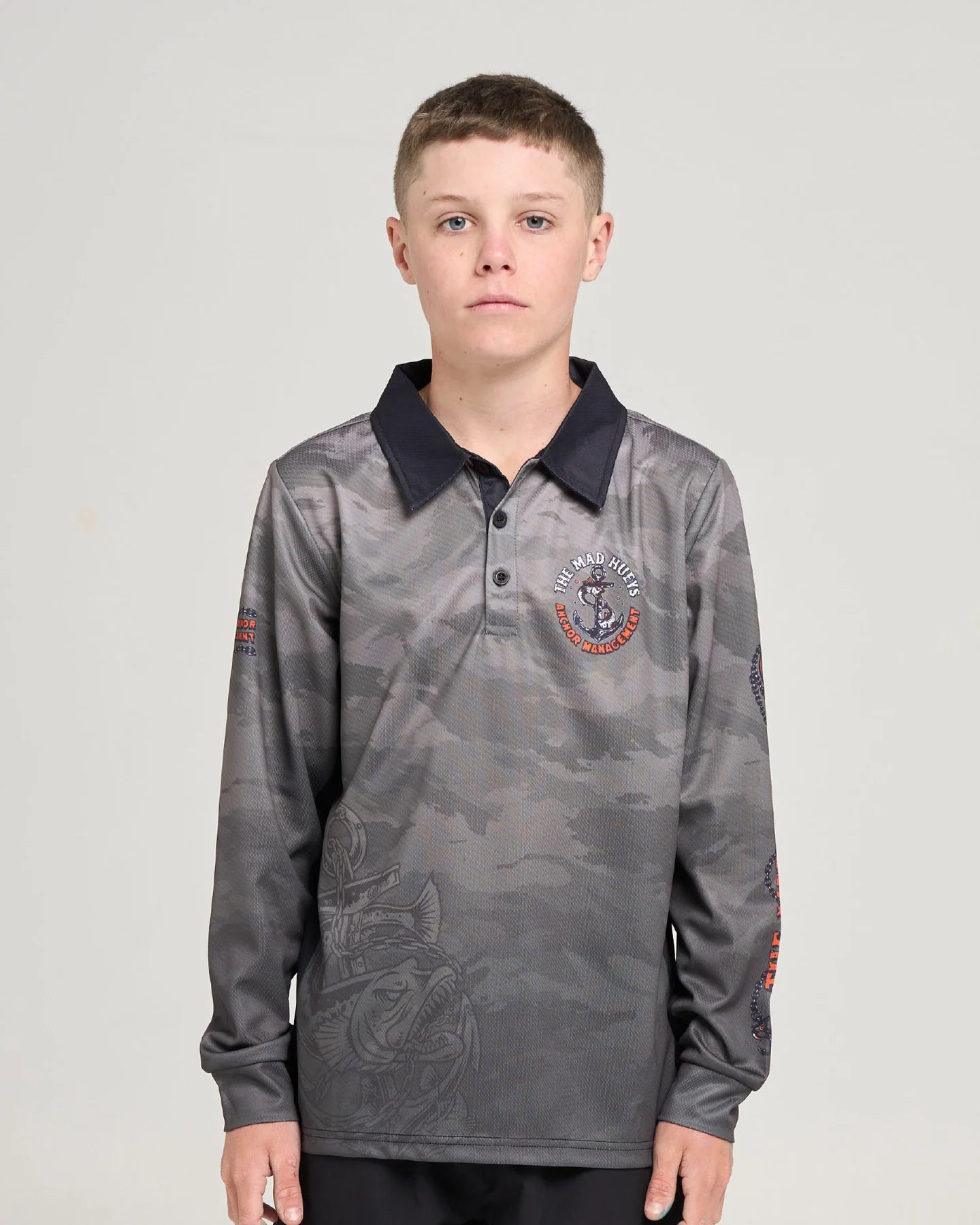 THE MAD HUEYS ANCHOR MANAGEMENT YOUTH UPF 50+ FISHING JERSEY