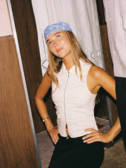 THRILLS ANDY ZIP SLEEVELESS SHIRT RETRO STRIPE SUMMER TOP BUTTER CREAM