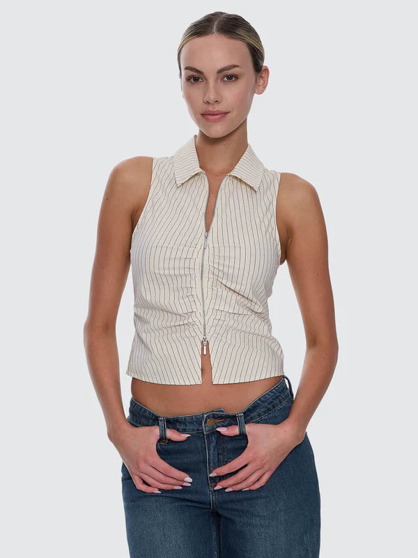THRILLS ANDY ZIP SLEEVELESS SHIRT RETRO STRIPE SUMMER TOP BUTTER CREAM