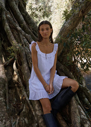 AFENDS AQUARIUS MINI DRESS ORGANIC COTTON BABYDOLL WHITE