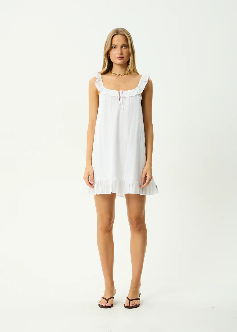 AFENDS AQUARIUS MINI DRESS ORGANIC COTTON BABYDOLL WHITE