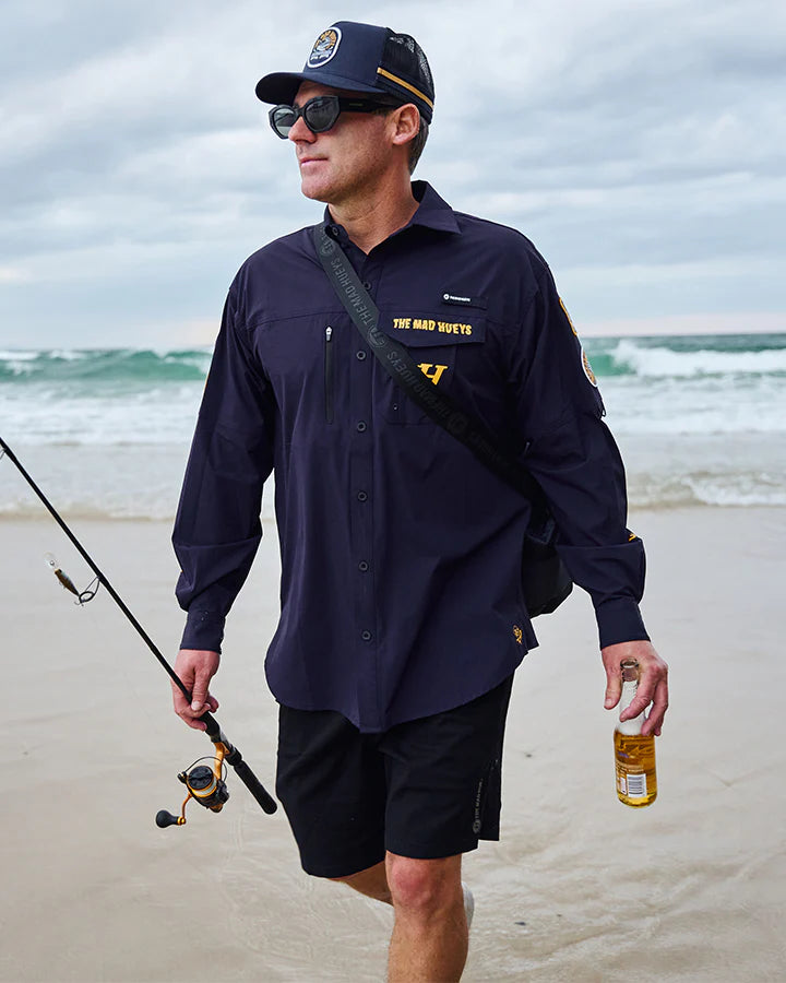 THE MAD HUEYS BEERAMUNDI MENS UPF50 FISHING SHIRT LONG SLEEVE SUN SHIRT NAVY