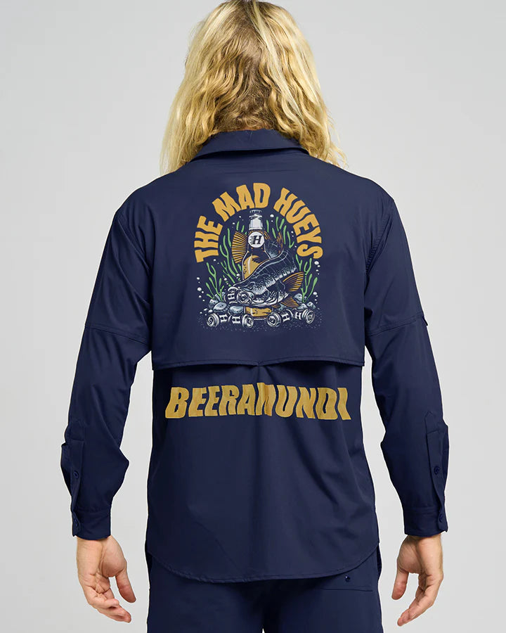THE MAD HUEYS BEERAMUNDI MENS UPF50 FISHING SHIRT LONG SLEEVE SUN SHIRT NAVY