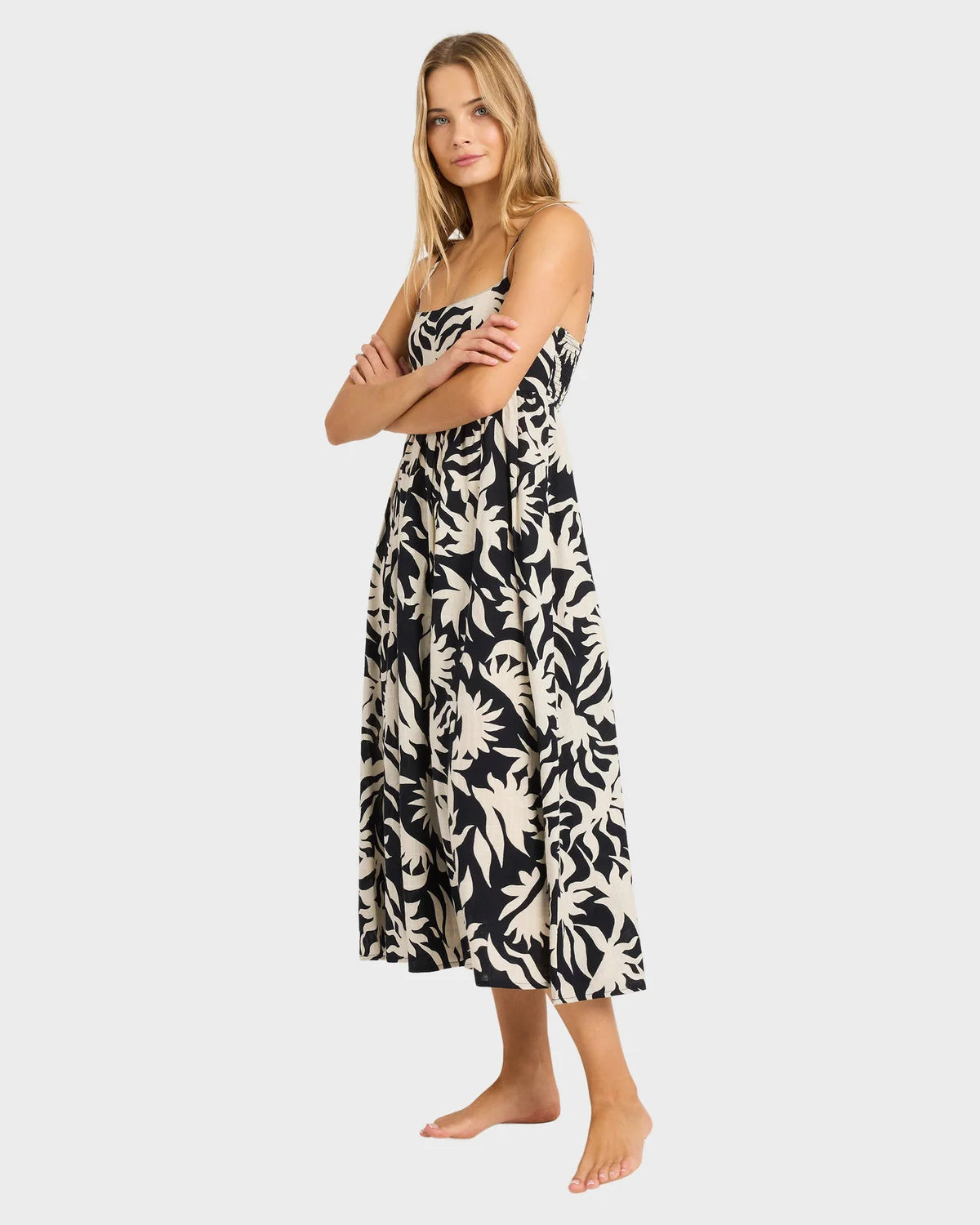 BILLABONG BY MY SIDE ISLAND HEAT WOMENS MIDI DRESS SUMMER RESORT BLACK WHITE