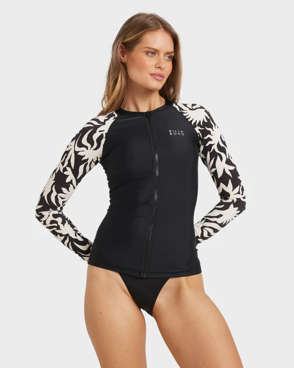 BILLABONG BY MY SIDE PIPA WOMENS LONG SLEEVE RASH VEST SURF SUN PROTECTION BLACK WHITE