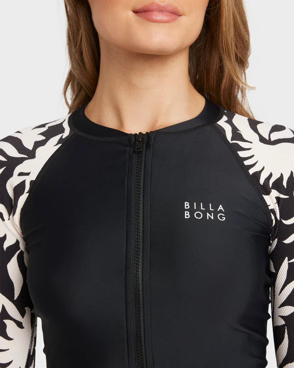 BILLABONG BY MY SIDE PIPA WOMENS LONG SLEEVE RASH VEST SURF SUN PROTECTION BLACK WHITE