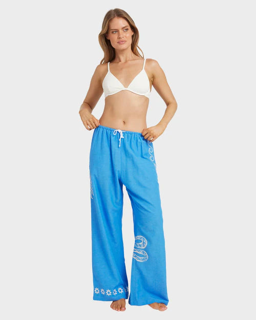 BILLABONG FIND ME HERE WOMENS ELASTIC WAIST PANTS RELAXED SUMMER BEACH TIDAL BLUE
