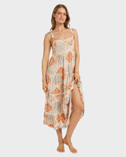 BILLABONG FOREVER FOLK SHINE WOMENS MIDI DRESS SUMMER RESORT EVERYDAY WHITECAP