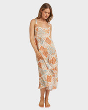 BILLABONG FOREVER FOLK SHINE WOMENS MIDI DRESS SUMMER RESORT EVERYDAY WHITECAP