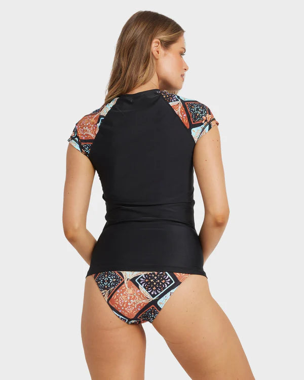 BILLABONG FOREVER FOLK WAHINE WOMENS RASH VEST SURF SWIM SUN PROTECTION BLACK PEBBLE