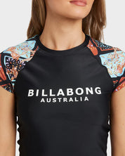 BILLABONG FOREVER FOLK WAHINE WOMENS RASH VEST SURF SWIM SUN PROTECTION BLACK PEBBLE