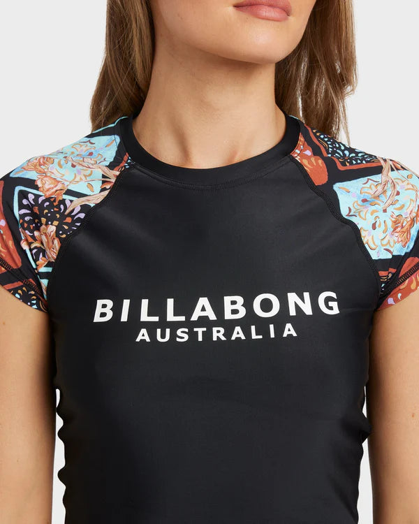 BILLABONG FOREVER FOLK WAHINE WOMENS RASH VEST SURF SWIM SUN PROTECTION BLACK PEBBLE