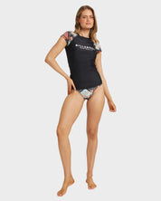 BILLABONG FOREVER FOLK WAHINE WOMENS RASH VEST SURF SWIM SUN PROTECTION BLACK PEBBLE